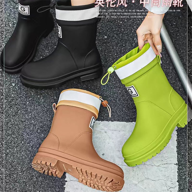 Fashion Casual Flat Warm Cotton Plastic Waterproof Non-Slip Rain Boots Women'S Mid-Heel Waterproof Outwear Rain Boots - Image 2
